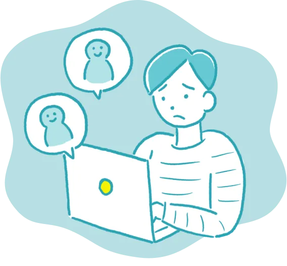 PCを見ながら悩んでいる人の画像