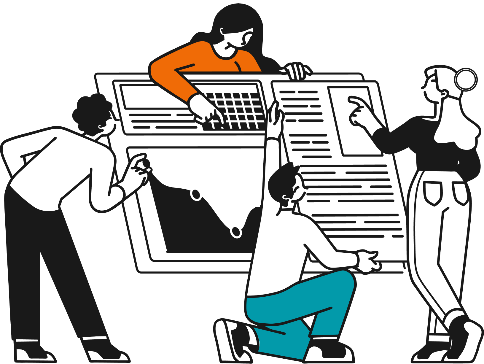 大きな絵図を囲んで話し合う4人の男女のイラスト